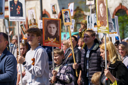 Vladivostok, Russia - May 9, 2022: Passage of the Column of the Immortal Regiment on Svetlanskaya Streetのeditorial素材