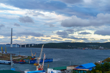 Vladivostok, Russia - September 23, 2019: Seascape overlooking the port and the Russian Bridge.のeditorial素材