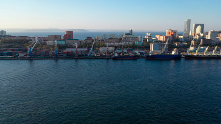 Vladivostok, Russia - April 24, 2921: Aerial view of the cityscape overlooking the Golden Horn.のeditorial素材