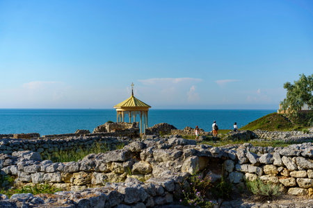 Sevastopol, Crimea-June 21, 2021: Seascape with a view of Chersonesos.のeditorial素材