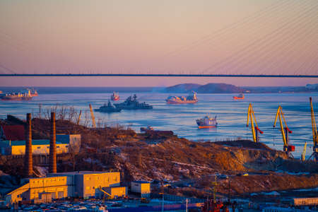 Vladivostok, Russia January 14, 2022: Seascape with views of the ships.のeditorial素材