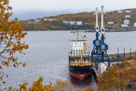 Petropavlovsk-Kamchatsky, Russia - October 5, 2019: Seascape overlooking the pier with ships.のeditorial素材
