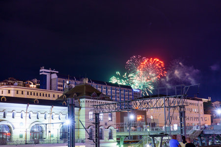 Vladivostok, Russia - July 26, 2020: Night cityscape with a view of the railway stationのeditorial素材