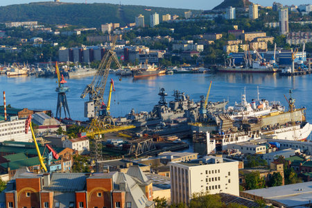 Vladivostok, Russia-September 19, 2021: Cityscape overlooking the Golden Horn Bay.のeditorial素材