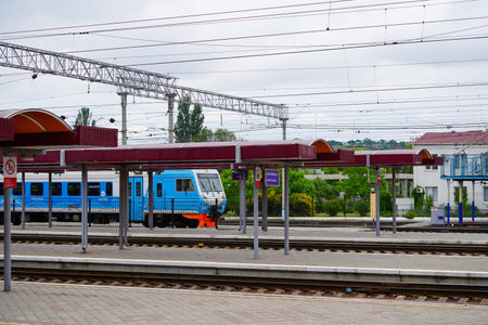 Simferopol, Crimea-June, 6, 2021: Landscape with railway station and train
