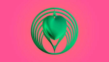 Abstract green figures with rings and a heart on a pink backgroundの写真素材