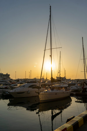 Sochi, Russia - June 14, 2018: Landscape with yacht parking at the sea station of the cityのeditorial素材