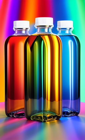Glowing neon background with colorful bottlesの写真素材