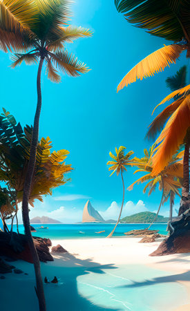 Tropical landscape with blue sea and palm treesの素材