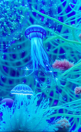 Bright abstract fantasy neon background with jellyfishの素材