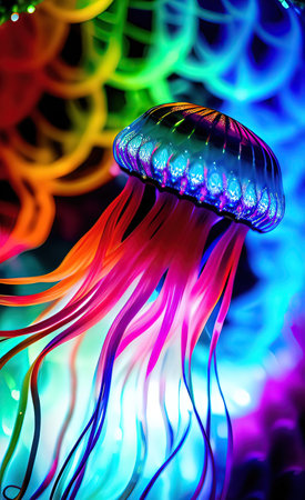 Bright abstract fantasy neon background with jellyfishの素材