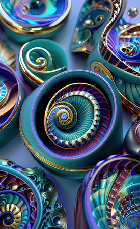 Abstract background with gold and blue shellsの素材