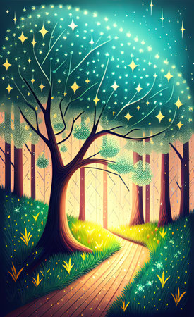 Abstract background with a fabulous night forest and starsの素材