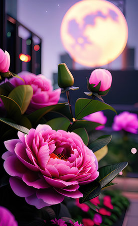 Beautiful pink peonies on the background of the evening skyの素材