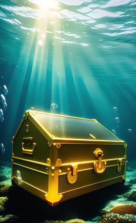A chest of gold at the bottom of the sea. Underwater backgroundの素材