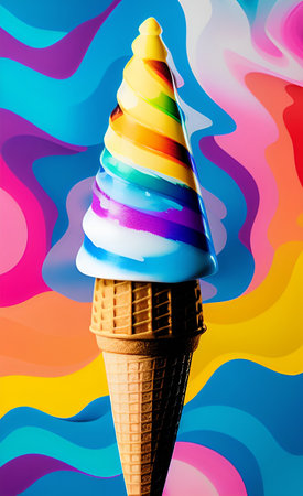 multicolored ice cream in a waffle cone on a rainbow backgroundの素材