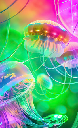 Bright abstract fantasy neon background with jellyfishの素材