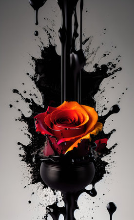 A beautiful rose in a spray of black oil. Abstract backgroundの素材
