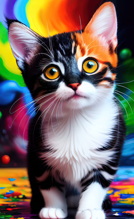 Portrait of a cute kitten in a splash of multi-colored paint.の素材