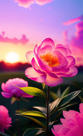 Beautiful landscape with pink peony flowers at sunset. .aiの素材