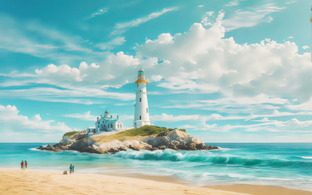 Beautiful seascape with white lighthouse on the shore. .aiの素材