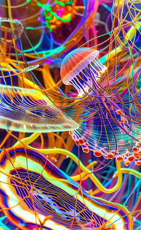 Bright abstract fantasy neon background with jellyfishの素材