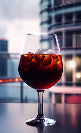 A drink with ice in a glass against the backdrop of a megalopolisの素材