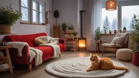 Cozy winter interior with a ginger cat. .AIの素材