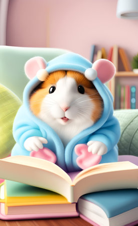 Cute hamster in warm pajamas reading a bookの素材