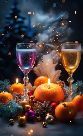 New Year's still life with wine and tangerines. .AIの素材