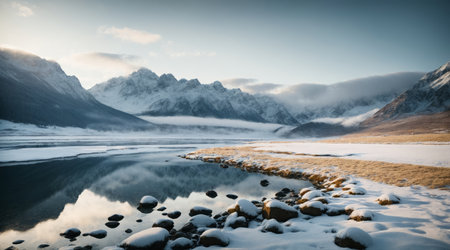 Winter landscape in the mountains with a lake. .AIの素材