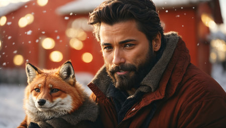 Portrait of a bearded man with a fox. .aiの素材