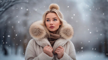 Beautiful girl on the background of a winter landscape. A.I.の素材