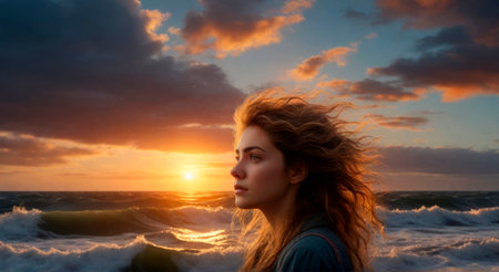 Young red-haired woman against the background of the raging sea. A.I.の素材