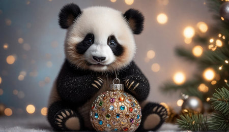 Portrait of a toy panda with a New Year's ball. A.I.の素材