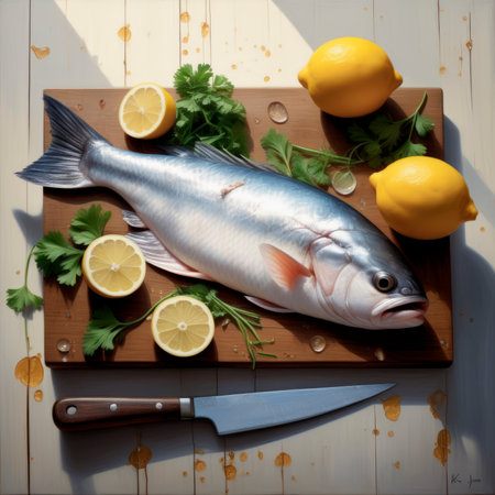 Fresh fish on a plank next to lemons. A.I.の素材