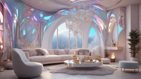 Living room interior in holographic color. .AIの素材