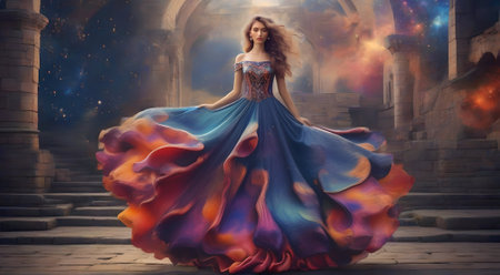 Beautiful girl in a ball gown against the background of an old castle. A.I.の素材