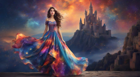 Beautiful girl in a ball gown against the background of an old castle. A.I.の素材
