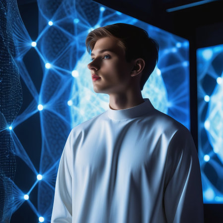 A young man stands in front of a glowing screen. A.I.の素材
