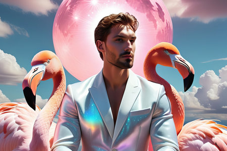 Portrait of a man on the background of the moon and flamingos. A.I.の素材