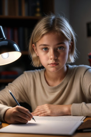 A young girl does her homework. A.I.の素材