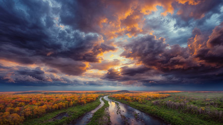 Autumn landscape under dramatic sky. A.I.の素材
