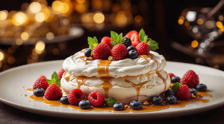 Pavlova cake with whipped cream, fresh berries and caramelの素材