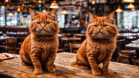 Portraits of ginger cats in the interior of a cafの素材