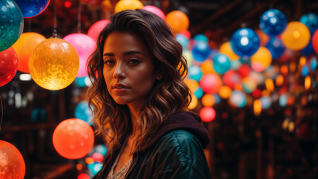 Woman with colorful lanterns. A.I.の素材