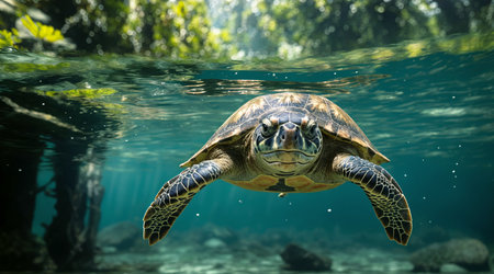 Portrait of a large turtle underwater. A.I.の素材