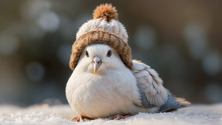 Cute pigeon in a knitted hat. A.I.の素材