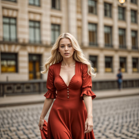 Beautiful woman in a red dress.の素材