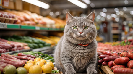 A gray cat on the counter of a store.の素材